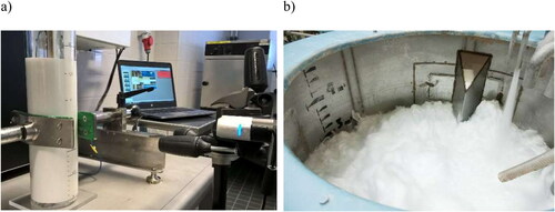 Figure 11. Foam generation at different scales: (a) A laboratory vessel with bubble size imaging, where one disk with two opposing bends is used as the blade in a mixer (Netzsch, Hedensted, Denmark). Rotation speed can vary, being typically 2000–7000 RPM, depending on pulp consistency and targeted air content. Typical pulp consistency before foaming is 1–4%, and foaming time varies from 1 to 20 minutes. (b) On a larger pilot scale, foam generation can be done in a pulper.
