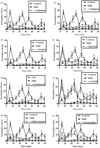 Figure 5. Effect of pretreatment of mice with (a) yohimbine (3 mg/kg, p.o.), (b) nifedipine (10 mg/kg, p.o.), (c) atropine (5 mg/kg, i.p.), (d) naloxone (2 mg/kg, i.p.), (e) granisetron (2 mg/kg, p.o.), (f) L-NAME (10 mg/kg, i.p.), (g) glibenclamide (8 mg/kg, p.o.) and (h) theophylline (10 mg/kg, i.p.) on the nociceptive scores of EthE (100 mg/kg, p.o.) on the time-course curves of formalin-induced nociceptive test. Each point represents the mean of five animals and the error bars indicate SEM. ***p < 0.001, **p < 0.01 and *p < 0.05 compared to the control group at same time points (two-way ANOVA followed by Bonferroni’s post hoc test).