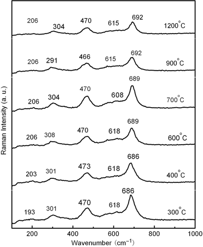 Figure 4. The Raman spectra of the samples annealed at temperature from 300 to 1200°C.