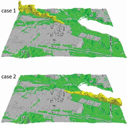 Figure 13. Instantaneous plume dispersion fields at 730 JST on 17 June 2008 (case 1) and 1040 JST on 18 June 2008 (case 2)