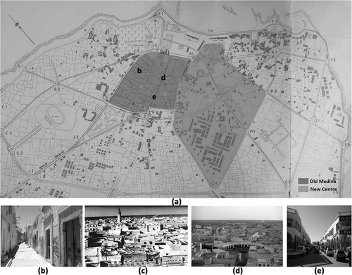 Figure 2. (a) Map of the project of Cacoub with the localization of the historic and the new centre of Monastir in 1974; (b) Monastir Medina picture in 1960; (c) Monastir Medina picture in 1964; (d) Monastir Medina picture in 1974. (e) Monastir Medina picture in 1980.