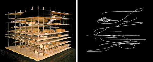 Figure 13. Model photo of the library (left) and diagram of the interior boulevard (right) that runs through the entire building. Source: Koolhaas Citation1996, 141 (left); Koolhaas Citation1998b, 1312 (right).