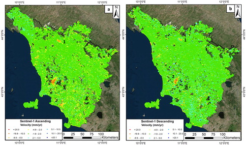 Figure 2. Deformation map in ascending geometry (a) and descending geometry (b) from October 2014 to April 2017 using SqueeSAR algorithm. (1) Firenze-Prato-Pistoia basin, (2) Larderello-Travale area. Source: Author