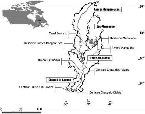 Figure 3 Bassin versant et système hydrique de la rivière Péribonka (Minville et al. Citation2010b – avec la permission).