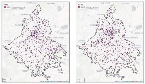 Figure 2. Reported rapes in Mexico city for 2018 (left) and 2019 (right).