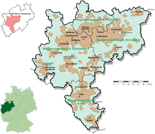 Figure 3. North Rhine-Westphalia in Germany (lower left), the Rhine-Ruhr in NRW (upper left) and the Rhine-Ruhr with its main cities and district administrations (right) (Grier, Citation2002; Wikimedia, Citation2015) (modifications by the authors).