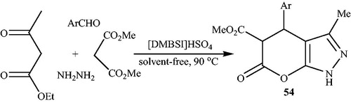 Scheme 85. Methyl 4-(aryl)-3-methyl-6-oxo-1,4,5,6-tetrahydropyrano[2,3-c] pyrazole-5- carboxylates using [DMBSI]HSO4.