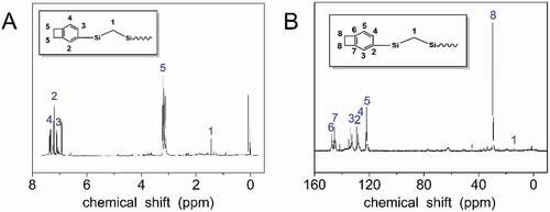 Figure 1. Structure characterization of HCBOs: A) 1H NMR spectrum; B) 13C NMR spectrum