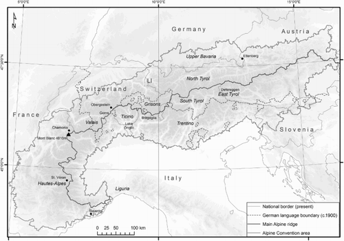 Fig. 1. The study area defined on the basis of SRTM data, GALPIS, and EuroGeographics; the German language boundary shows the extent of the main language used in c.1900 in relation to present-day municipalities’ boundaries; former German-language ‘islands’ outside the Alpine Convention area are not included