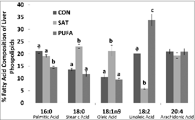Figure 3. Percent fatty acid composition of liver phospholipids. Stearic (18:0) and oleic acid (18:1n9) were higher and linoleic acid (18:2) lower in SAT compared with CON and PUFA. (Unlike letters indicate significance; P ≤ 0.05).