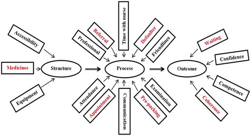 Figure 5. The domains of care in the integrated model assessed under the structure, process and outcome constructs. NB: The domains in red colour indicate the priority areas of the vertical HIV programme leveraged for chronic disease care in the integrated model