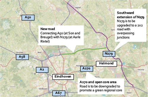 Figure 3. Planned infrastructure construction and interventions in liveability in the north-eastern part of the Eindhoven region (© OpenStreetMap under CC BY-SA license).