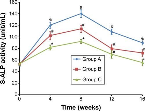 Figure 3 Serum alkaline phosphatase level.Notes: Group A: BMP2-loaded hollow HA microspheres; Group B: hollow HA microspheres without BMP2; Group C: soluble BMP2 without a carrier. Different symbols (&, #, and *) represent different serum alkaline phosphatase activities at each time point (P<0.05). N=4/group/time point.Abbreviations: HA, hydroxyapatite; BMP2, bone morphogenetic protein 2; S-ALP, serum alkaline phosphatase.