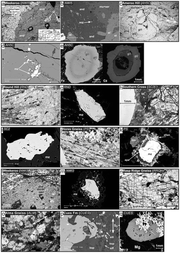 Figure 6 Pre-peak to syn-peak metamorphic monazite-hosting lithologies (M1). (a) Photomicrograph of andalusite – garnet – staurolite – mica metapelitic schist (NWI5), cross-polarised light (XPL). (b) Backscatter electron (BSE) images of monazite occluded by synkinematic andalusite in sample NWI5. (c) Photomicrograph of garnet – fibrolite – biotite – muscovite – chloritoid metapeltic schist (AH5C), plane-polarised light (PPL). (d) BSE image of monazite in AH5C. Monazite occurs as clusters in fractures dissecting the core of a polymetamorphic garnet. (e) Qualitative elemental maps (Fe, Ca) of polymetamorphic garnets from AH5C. (f) Photomicrograph of garnet – sillimanite – cordierite – mica metapelitic gneiss (RND), PPL. (g) BSE image of monazite in sample RND. (h) Photomicrograph of garnet – sillimanite – fibrolite – mica metapelitic schist (SC2), PPL. (i) BSE image of monazite occluded within matrix micas defining post-kinematic fabric (S2). (j) Photomicrograph of garnet – sillimanite – biotite – muscovite metapelitic gneiss (PS), PPL. (k) BSE images of monazite occluded within the mica matrix of sample PS; monazite rims replaced by apatite – allanite coronas. (l) Photomicrograph of andalusite – garnet – staurolite – mica metapelitic unit (NWI3), XPL. (m) BSE image of monazite occluded within a partly retrogressed andalusite porphyroblast from sample NWI3. (n) Photomicrograph of plagioclase – quartz – biotite – garnet granitic gneiss (RRQ), XPL; monazite occluded within the fractured garnet porphyroblasts. (o) Photomicrograph of sillimanite – quartz – feldspar – garnet – biotite gneiss (ALM), XPL; monazite occluded by plagioclase and sillimanite. (p) BSE image of garnet – cordierite – sillimanite – feldspar – biotite gneissic metapelitic gneiss (CUES); monazite occluded within all major silicate phases. (q) Qualitative elemental map of Mg in garnet – cordierite decompression texture from sample CUES. Mineral abbreviations: allan, allanite; and, andalusite; apa, apatite; bt, biotite; cd, cordierite; chl, chlorite; fib, fibrolite; gt, garnet; ilm, ilmenite; Ksp, K-feldspar; mu, muscovite; mz, monazite; pl, plagioclase; q, quartz; ser, sericite; sill, sillimanite; st, staurolite.