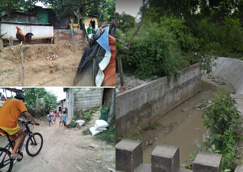 Figure 2. Sources of sounds in slums in San Jose Del Monte City: biophonic sound from a rooster (top left), anthrophonic sounds from human neighbours (bottom left) and geophonic sounds from the creek (right).Photo: Erlinda Andal.