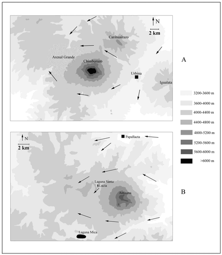 FIGURE 4. Contour maps of the studied areas, A. Chimborazo, B. Antisana. Wind directions are indicated by solid arrows (partly based on CitationClapperton, 1990 and CitationBlack, 1982); black squares indicate the closest climatic stations referred to in the text.