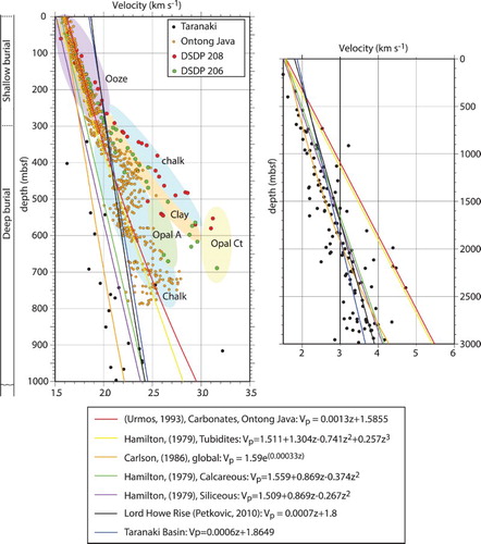Figure 8. A, Empirical solutions for seismic velocity with depth. Equations and sources are shown in the lower panel. Solutions are from the literature and based on seismically constrained borehole measurements (Hamilton Citation1979; Carlson et al. Citation1986; Urmos and Wilkens Citation1993; Petkovic Citation2010). The equation for Ontong Java is calculated from the rebound corrected data of Urmos and Wilkens (Citation1993) in this study. A range of velocity gradients is predicted by the studies; however, none produce a good fit to the rebound-corrected data from northern Zealandia (DSDP 206 and 208). Note the step in Vp between opal-A and opal-CT. Coloured shapes are used to group the velocity–depth data points into their main lithology/diagenetic states. The plot on the right shows the velocity with depth relationships extrapolated to 3 km depth.