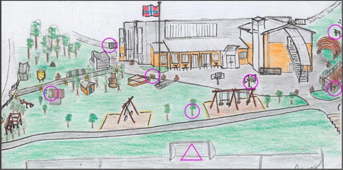 Figure 2. The pictorial map that was used by the children in present study, with seven plotted controls marked with pink circles and one starting point marked with a triangle.