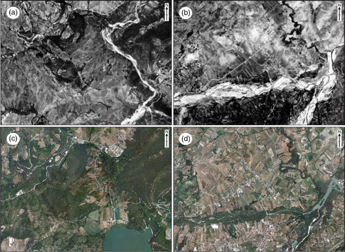 Figure 6. 1954 and 2009 aerial photos of the Aventino River between Casoli Lake and Serranella Lake document changes in river morphology: (a) 1954 and (c) 2009 images of the Casoli area; (b) 1954 and (d) 2009 images of the Serranella Lake area. (1954 air-photos provided by Istituto Geografico Militare Italiano IGMI, Authorization number: 6826/17.03.2015; 2009 air-photos provided by Terre del Sangro-Aventino Association and Struttura Speciale di Supporto Sistema Informativo Regione Abruzzo.)