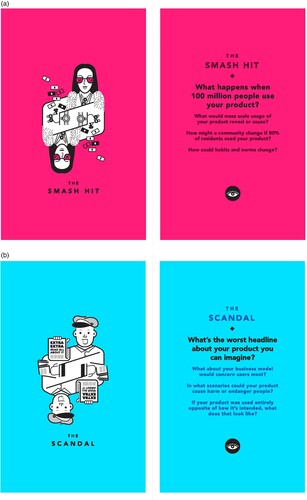 Figure 4. a. The ‘Smash Hit’ card from the Tarot Cards of Tech designed by Artefact (Citation2018). b. The ‘Scandal’ card from the Tarot Cards of Tech designed by Artefact (Citation2018).