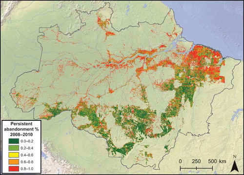 Figure 2. Persistent proportion of land abandoned after deforestation per 1 km2 cell in the Amazon.