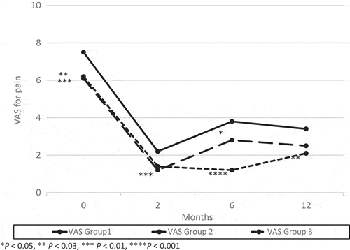 Figure 3. Changes from baseline in VAS for pain. There was a significant difference between groups 2 or 3 and Group 1 in VAS pain score at 6 months after surgery and the trend continued at 12 months after surgery.