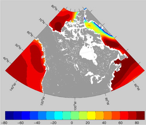 Fig. 10 Projected sea level changes (cm) between 1986–2005 and 2081–2100 under AR5 RCP8.5, based on Slangen et al. (Citation2014).