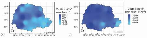 Figure 3. Spatialization of “a” and “b” coefficients of the Moretti-Jerszurki-Silva model, in Paraná State: (a) linear coefficient (“a”; mm h–1); (b) angular coefficient (“b”; mm h–1 MPa–1)