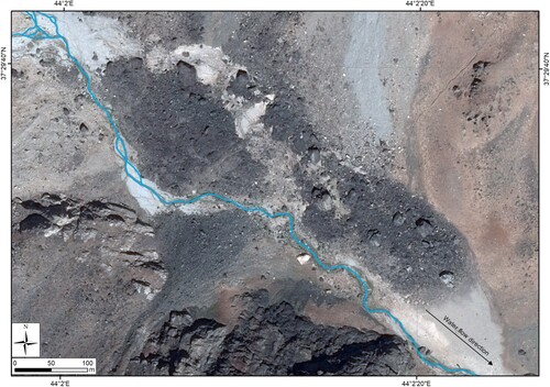 Figure 4. Landslide deposit progressively remobilized by fluvial activity and buried by active debris flow fans. The water course was manually digitized from Pleaides images.