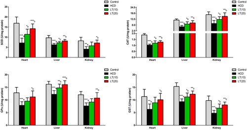 Figure 3. Effect of LT on hypercholesterolemia-induced changes in antioxidant enzymes activities including SOD, CAT, GPx, and GST in cardiac, hepatic, and renal cells. Data were expressed as mean ± SEM (n = 6) and analyzed using one-way ANOVA followed by Student Newman–Keuls as post hoc test. a Control vs. HCD group; (b) HCD vs. LT(10) or LT(20). P values consider significant when *P < 0.05, **P < 0.01 and ***P < 0.001. Abbreviations: superoxide dismutase (SOD); catalase (CAT); glutathione peroxidase (GPx); glutathione-S-transferase (GST).