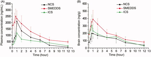Figure 2. Mean concentration-time curves of puerarin in (A) plasma and (B) brain after administration of NCS, ICS and SMEDDS containing both puerarin (200 mg/kg) and borneol (100 mg/kg) in mice (n = 6).