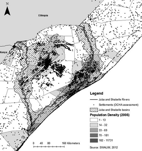 Figure 4. Map of settlements and population densities in south Somalia.