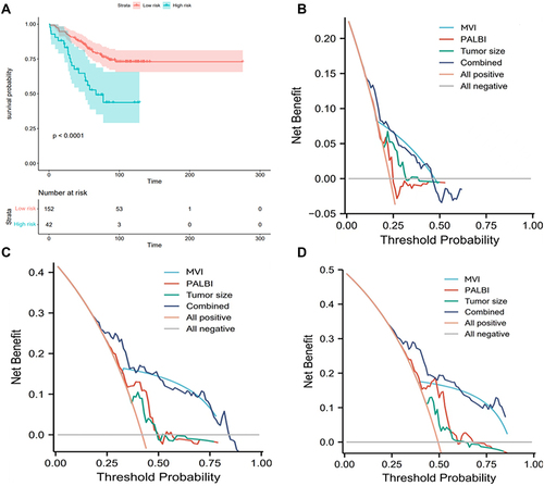 Figure 4 Prognostic assessment and risk stratification of the nomogram prediction model. (A) Risk stratification for recurrence-free survival (RFS). (B–D) Decision curve analyses of 1-, 3-, and 5-year RFS rates show an increase in net benefit.