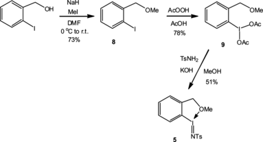 Scheme 3 Preparation of 12-(N-(p-toluenesulfonyl)imino)iodobenzylmethyl ether (5).