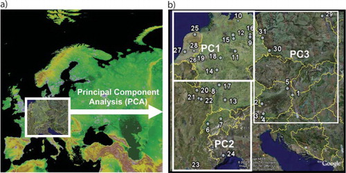 Fig. 2 a) European domain (http://www.ngdc.noaa.gov/mgg/topo/globegal.html#continents) where the 31 rural background stations are located. b) PC1, PC2 and PC3 station regions in Europe.