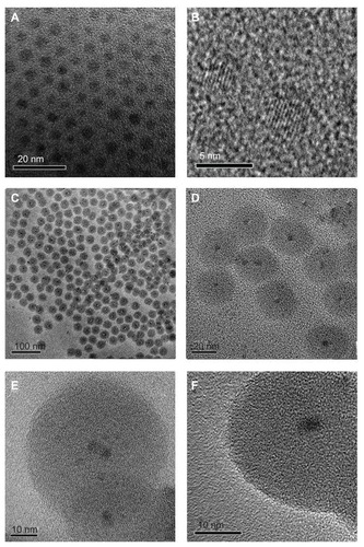 Figure 2 Transmission electron microscopy (TEM) images of bare cadmium sulfide quantum dots (CdS QDs; A and B), silica-coated CdS QDs (C and D), and high-resolution TEM images of silica-coated CdS QDs (E and F).