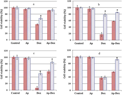 Figure 5. Cytotoxicity of ThioAp52-Dox. Cell viability assay in four pairs of cancer cells (Display full size) and corresponding normal/noncancerous cells (Display full size) after 48 h incubation with medium only (Control), or with medium containing 5.0 µM of ThioAp52 (Ap), free doxorubicin (Dox), or ThioAp52-Dox (Ap-Dox). A) AsPC-1 and hTERT-HPNE, B) MCF-7 and MCF-10A, C) Cal-27 and OMF, D) SK-MEL-28 and Hs895.Sk. Asterisks indicate the results of cancer and noncancerous cells are significantly different (p< .004)