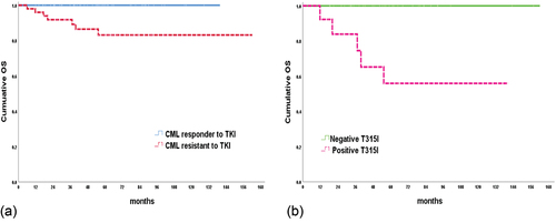 Figure 2. Cumulative overall survival. (a): Represent the OS in the studied CML groups. (b): Illustrate the OS according to T315I mutation in CML resistant to TKIs cases.