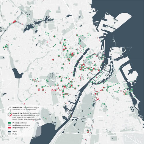 Figure 9. Double-sentiment map showing the sentiment of each photo (inner dot) and distribution of sentiments ascribed to photos by other participants reacting to it (outer ring).