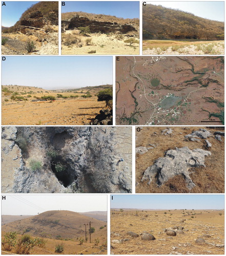 Figure 5. Examples of karst features: (A–C) rock shelters along Wadi Jinkarmat and Wadi Darbat; (D) a sinkhole on the top of the Jebel; (E) GoogleEarth™ image of two sinkholes; (F) aerial photo of the entrance of a sinkhole; (G) surface karst pits; (H) cone bearing limestone outcrops in planar layers; (I) silicified egg-shaped nodules on a residual surface of the massif.