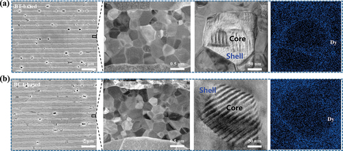 Figure 3. (a)(b) FESEM micrograph of BT-based dielectric layer and TEM micrograph, EDS mapping of core-shell structure and map scanning of the Dy distribution for (a) BT-based sample and (b) BCT-based sample, respectively.