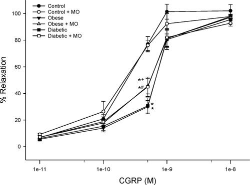 Figure 9 Effect of treating control, diet-induced obese or type 2 diabetic rats with menhaden oil on vascular reactivity to calcitonin gene-related peptide by epineurial arterioles of the sciatic nerve. Vascular reactivity was determined as described in the 'Methods' section. Control (12-week old rats fed a normal diet for 24 weeks), obese (12-week old rats fed a high-fat diet for 24 weeks) and diabetic (12-week old rats fed a high-fat diet for 24 weeks and hyperglycemic for 16 weeks) rats were treated with menhaden oil for 16 weeks by replacing 50% of the kcal in the high-fat diet derived from lard with menhaden oil. Data are presented as the mean ± SEM. in % relaxation. The number of rats in each group was 12.*p < 0.05 compared to control rats; +p < 0.05 compared to obese rats; #p < 0.05 compared to diabetic rats.