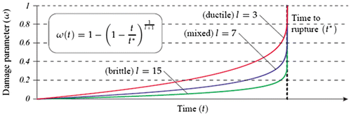 Figure 4. Classification of accumulation character types for the scalar damage parameter W according to Kachanov-Rabotnov concept [Citation4].