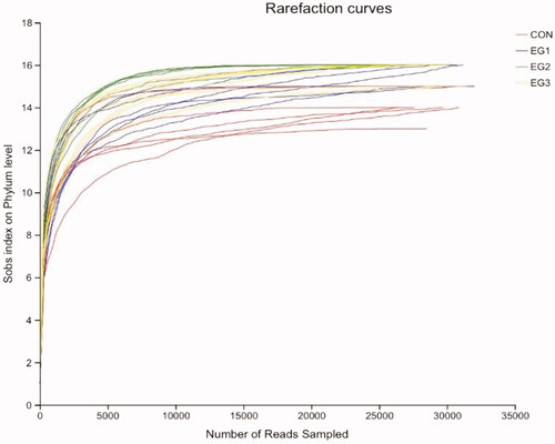 Figure 2. Rarefaction curves (n = 6). The dilution curve is to randomly select a certain number of sequences from the sample and calculate the alpha diversity index of the samples corresponding to these sequences. The extracted data volume is used as the abscissa, and the alpha diversity index value is used as the ordinate to draw the curve according to whether the curve is flat to judge and whether the amount of sequencing data this time is sufficient. CON: control group; EG1: 1.5% BP-fermented feed replacement group; EG2: 3% BP-fermented feed replacement group; EG3: 4.5% BP-fermented feed replacement group.
