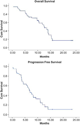 Figure 1. Kaplan-Meier plot of overall survival and progression-free survival (PFS) of 41 patients treated in the Phase II part of the study. Median survival was 12.5 months (95% CI 9.2–15.9) and median PFS was 6.9 months (95% CI 5.1–8.6).