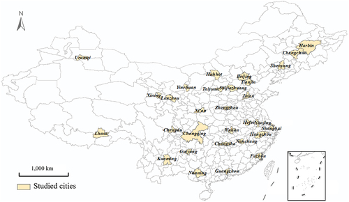 Figure 2. Distribution of the 30 studied cities covering all provincial capitals and province-level municipalities of the Chinese mainland.