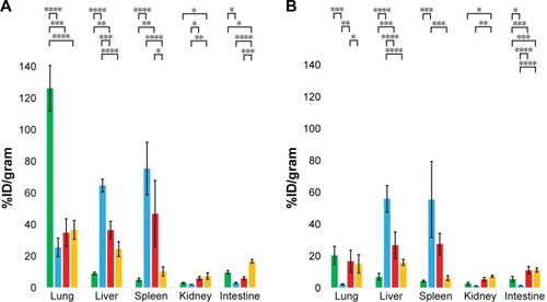 Figure 3 Biodistribution of PEGylated NP-NOTA-64Cu in tumor-xenografted mice.Notes: Athymic nude mice bearing A431 tumors were injected intravenously with 10 µCi of single conjugate. Mice were scarified after 4 hours (A) or 24 hours (B). Tumors and selected organs were harvested, weighted, and analyzed by γ-counting to determine %ID/g. Data are expressed as mean ± SD %ID/g based on n=4 animals per group. Statistical analysis was performed by one-way ANOVA, followed by Tukey’s multiple comparison test (****P<0.0001; ***P<0.001; **P<0.01; *P<0.05). Green: NP1-NOTA-PEG-64Cu, blue: NP2-NOTA-PEG-64Cu, red: NP3-NOTA-PEG-64Cu, orange: NP4-NOTA-PEG-64Cu.Abbreviations: 64Cu, copper-64; %ID/g, percentage of injected dose per gram; NOTA, 1,4,7-tricarboxymethyl-1,4,7-triazacyclononane; NP, nanoparticle; PEG, polyethylene glycol.