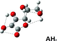 Figure 4. Most stable structure of the ascorbic acid molecule, AH2, as optimized by Gaussian minimization with the DTF/B3LYP/G6-311++(d,p) procedure and using water as the solvent in the PCM solvation modeling. The structure is reminiscent of that found in the gas phase by Milanesio et al. (26), Singh et al. (53), and Yadav et al. (54).