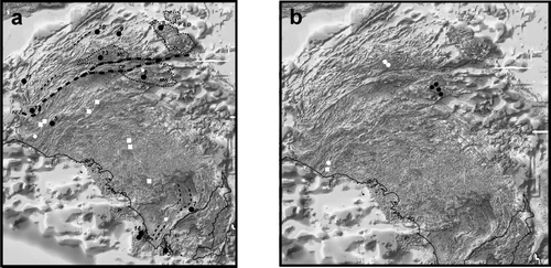 Figure 7 (a) TMI data of the Gawler Craton overlain with locations of Kimban Orogeny metamorphic age data. Black dots represent metamorphic ages; white dots and squares represent syn- and post-Kimban magmatism. Dashed trendlines represent structural trends interpreted to have formed during the Kimban Orogeny. (b) TMI data of Gawler Craton overlain with location and ages of metamorphic mineral geochronology in the ca 1585–1545 Ma interval. Black dots represent U–Pb metamorphic ages in the interval 1590–1570 Ma; White dots represent U–Pb metamorphic ages in the 1570–1550 Ma interval; the white square represents metamorphic age in the 1550–1540 Ma interval. See text for data sources.
