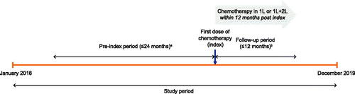 Figure 1. Study design. aThe pre-index period was the period from study start (January 2016) to index, or the 24-month period prior to index, whichever was shorter. bPatients were followed for 12 months post-index date, or until death, loss to follow-up, or end of the study period (December 2019), whichever occurred sooner. 1L: first line; 2L: second line; SCLC: small cell lung cancer.